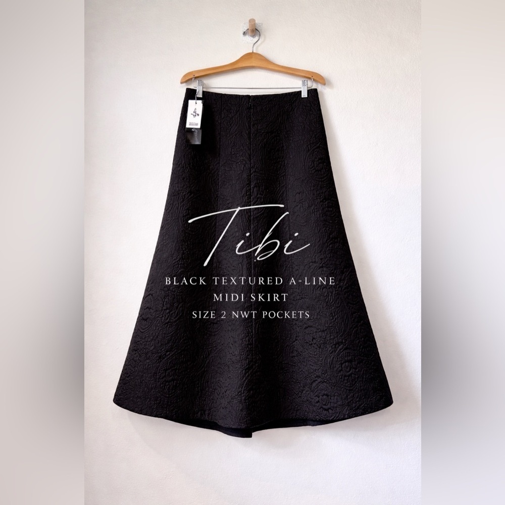 Tibi Black Textured A-Line Midi Skirt Size 2 NWT Pockets